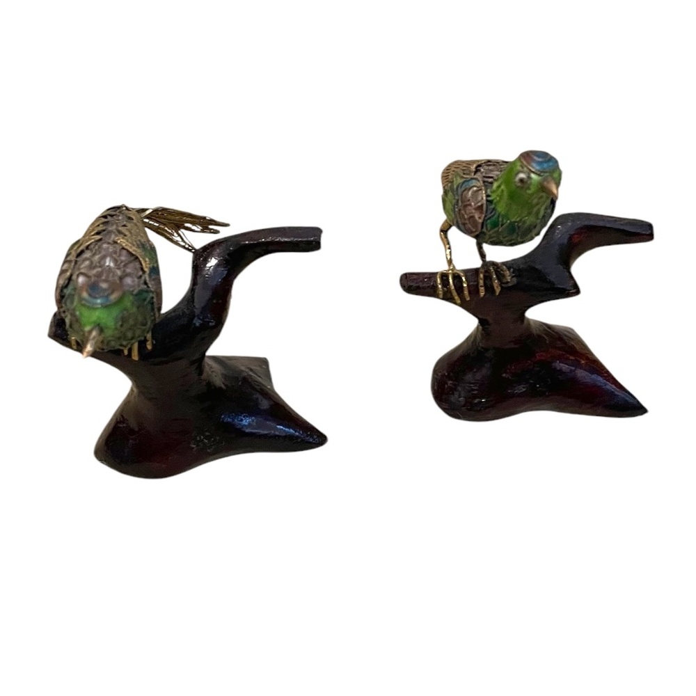Pair Of Vintage Chinese Cloisonné Enamel‎ Bird Sculpture Perched on Wooden Stand